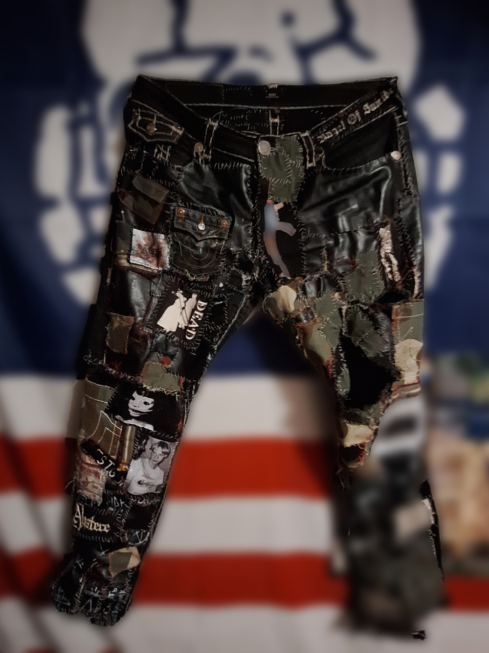 True Religion Black Camouflage Patchwork Slim Straight Jeans